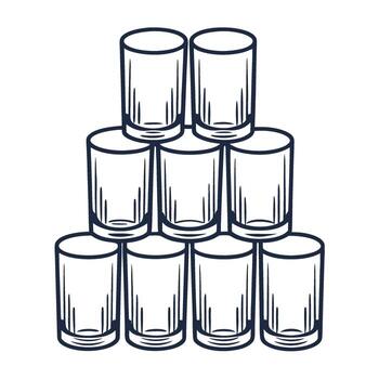 pyramid formation of empty drinking glasses simple outline, stack of glass cups arranged in neat rows vector