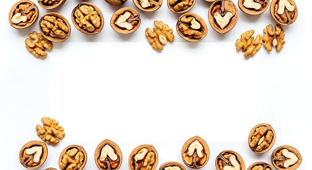 Overhead view of healthy walnuts arranged in a border on a white background, creating a frame for text or design photo