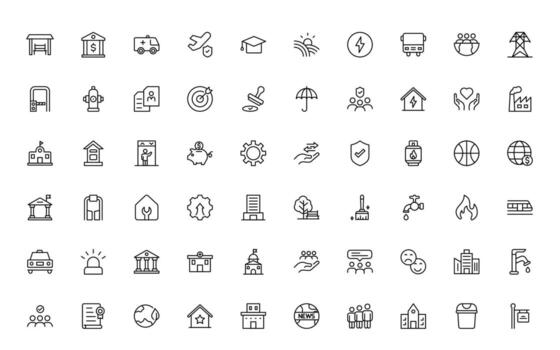 Set of outline Public Services icons. Minimalist thin linear web icon set. Line icons related to utilities. Gas, electricity, heating. vector