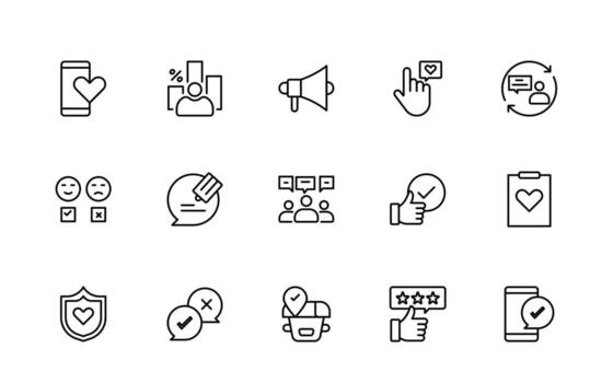Survey and feedback, testimonial, customer thin line icons. For website marketing design, template, ui, etc. vector