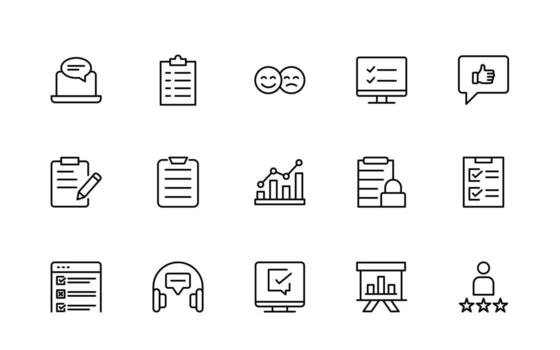 Survey feedback and customer testimonial thin line icons. For website marketing design, logo, app, template, ui, etc. vector