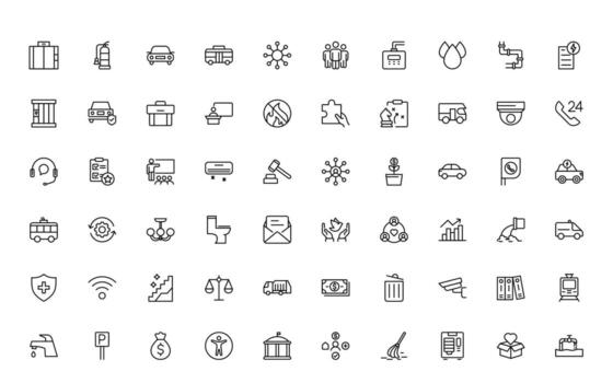 Set of outline Public Services icons. Minimalist thin linear web icon set. Line icons related to public utilities. Gas, electricity, heating. vector