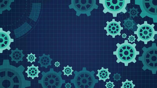 Modern futuristic background featuring glowing gears on a digital blue grid with abstract mechanical and technology design, perfect for industry, engineering and innovation themes vector