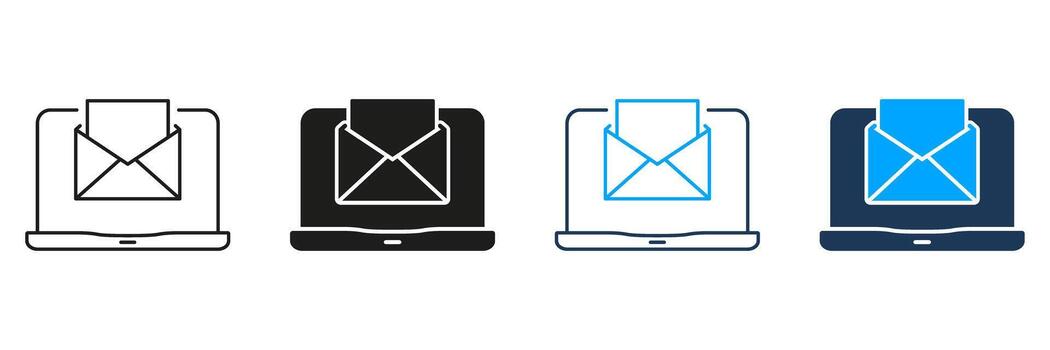 Laptop With Email Envelope Line And Solid Icon Set. Digital Communication And Online Messaging Symbol Collection. Email Notification And Internet Connectivity. Isolated Illustration vector