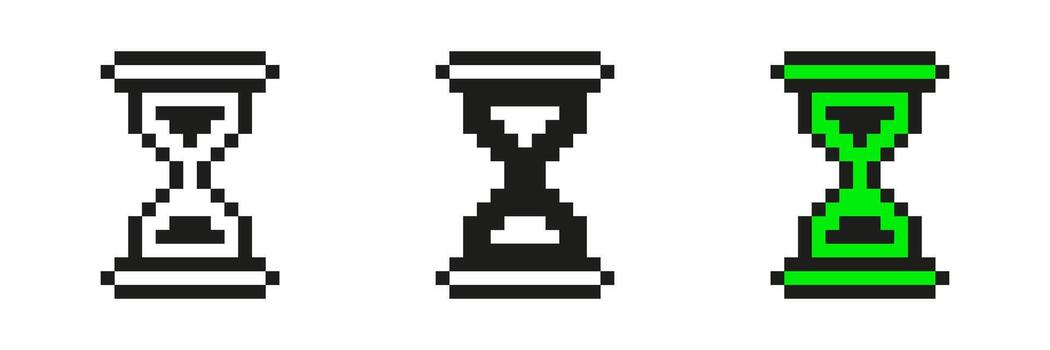 Pixel Art Hourglass Icon Set. Time Management And Countdown Symbol Collection. Retro Digital Style With Green And Black Variations. Isolated Illustration vector