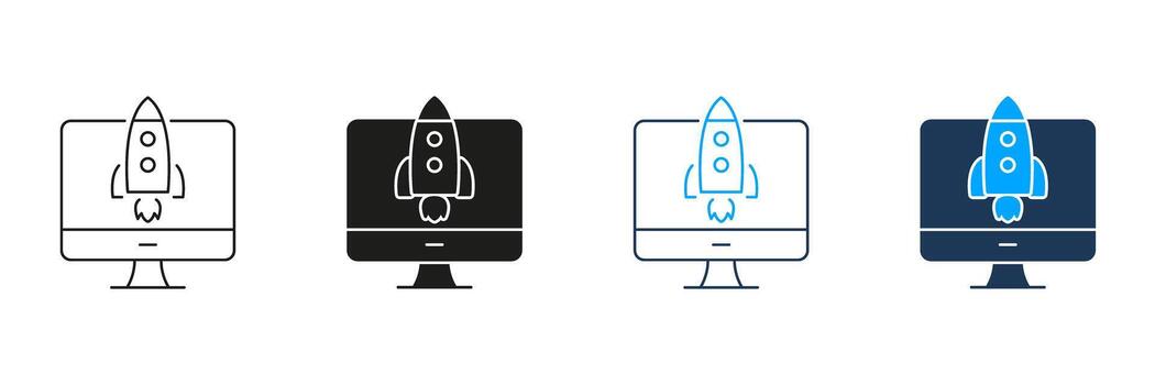 computadora con cohete lanzamiento línea y sólido icono colocar. puesta en marcha, innovación, y tecnología avance símbolo recopilación. negocio crecimiento y digital transformación. aislado ilustración vector