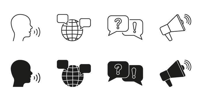 Communication And Speech Line And Solid Icon Set. Global Interaction, Inquiry, And Announcement Symbol Collection. Voice, Messaging, And Broadcasting Elements. Isolated Illustration vector