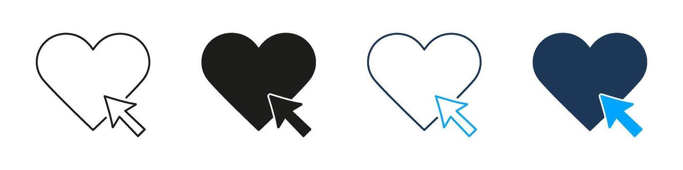 Heart With Cursor Line And Solid Icon Set. Online Interaction, Digital Engagement, And Social Media Like Symbol Collection. User Experience And Web Design Elements. Isolated Illustration vector