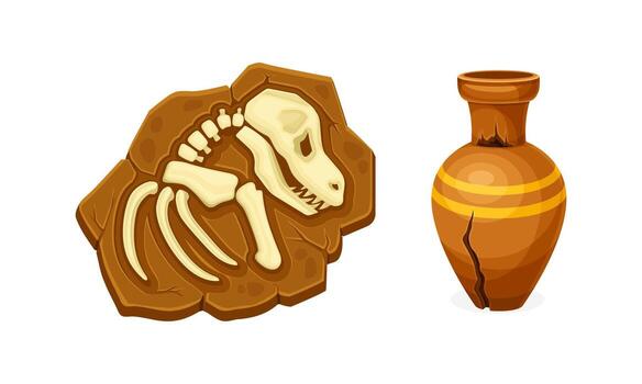 antiguo arcilla florero y dinosaurio esqueleto. objetos de arqueología ilustración vector
