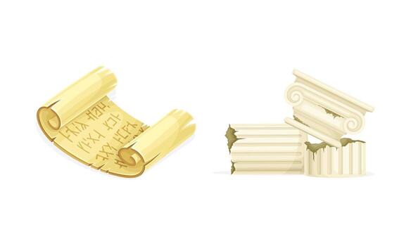 Antique Greek column and ancient paper scroll. Objects of archaeology illustration vector