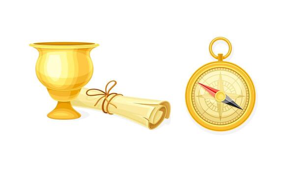 Antique paper scroll, golden goblet and compass tool. Objects of archaeology illustration vector