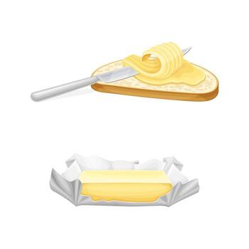 Brick of butter and toast of bread with curl of butter and knife illustration vector