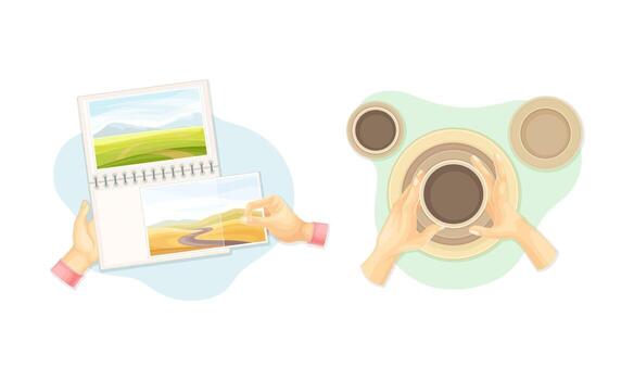 Top view of hands creating crafts set. Hands making clay pot and attaching photos at photo album illustration vector