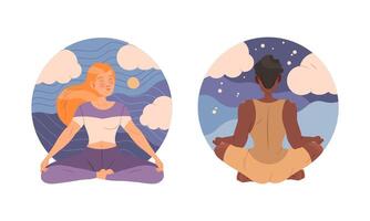 hermosa joven mujer meditando en loto posición. personas practicando yoga y respiración ejercicio conjunto ilustración vector