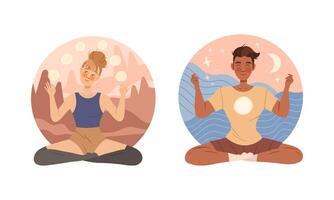 joven mujer y hombre meditando en loto posición. personas practicando yoga y respiración ejercicio conjunto ilustración aislado en blanco vector