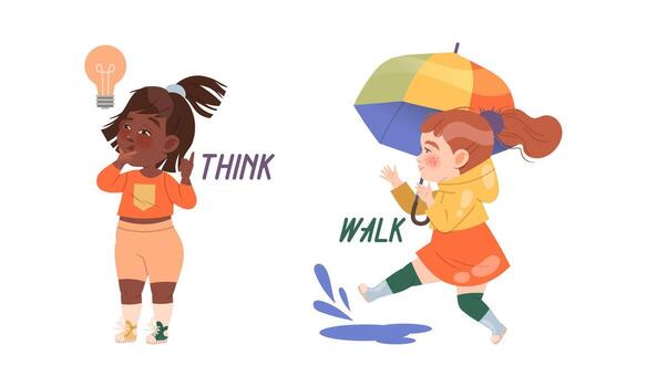 Funny Girl Thinking with Lightbulb and Walking with Umbrella Stepping in Puddle Demonstrating Verb Set vector