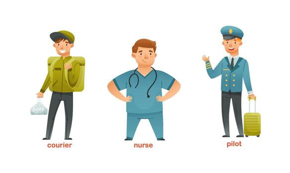 Man Character of Various Professions with Courier, Nurse and Pilot in Uniform Set vector