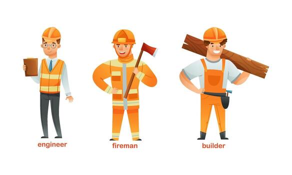 Man Character of Various Professions with Engineer, Fireman and Builder in Uniform Set vector