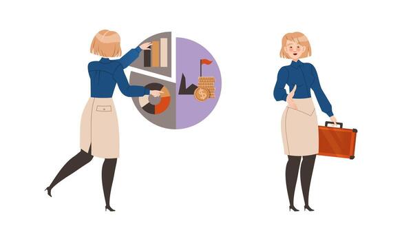 Woman Office Employee Character Working with Chart Analyzing Data and Reaching Hand for Handshake Making Deal Set vector