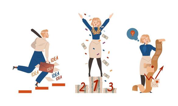 Man and Woman Office Employee Character Running Up the Ladder, Cheering on Money Stack and Having Good Idea Set vector