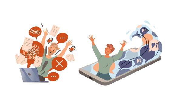 Information Stress with Man Character Overload with Task and Work Drowning in Smartphone and Crying Out Loud Set vector