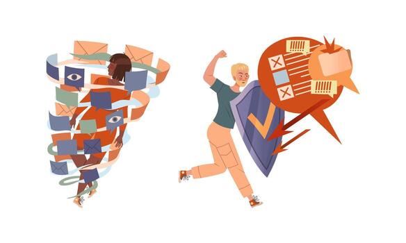 Information Stress with Man and Woman Character Overload with Task and Work Fighting with Shield and in Tornado Set vector