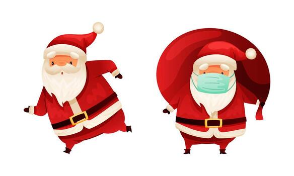 Santa Claus Character with White Beard in Red Hat Running and in Face Mask Holding Sack with Present Set vector