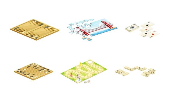 Board games set. Backgammon, puzzle, go, playing cards, domino tabletop game illustration vector