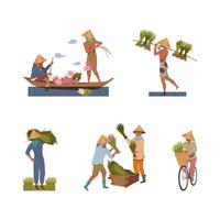 asiático agricultores plantando cosecha arroz y loto flores colocar. campesino en Paja sombreros trabajando en agricultura ilustración vector