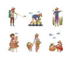 asiático agricultores plantando cosecha arroz, loto flores y cosecha arriba té hojas conjunto ilustración vector