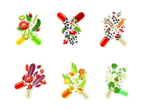 Vitamins and supplements set. Open capsules with vegetables, berries and herbs illustration vector
