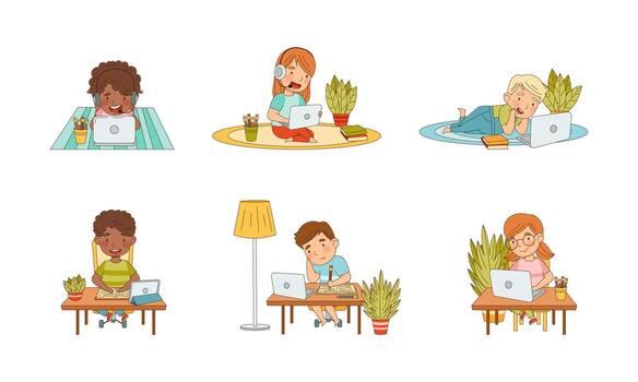 Elementary school students learning online using laptop computers set illustration vector