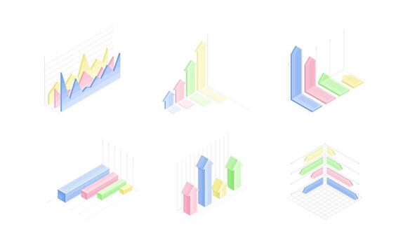 Set of financial and marketing data graphs, infographic elements isometric illustration vector