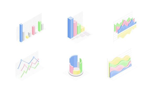Set of business data graphs. Financial and marketing charts infographic elements isometric illustration vector