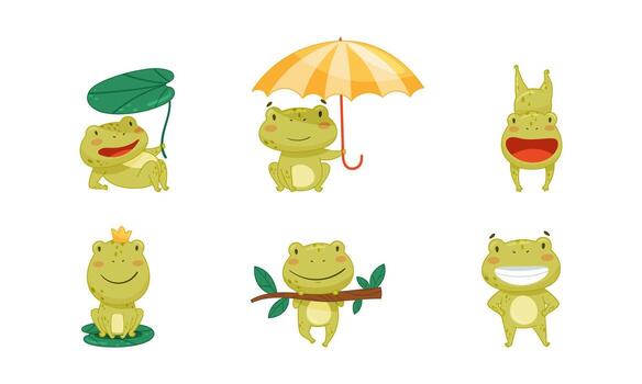Funny frogs in different activities set. Cute amphibian character sitting under umbrella, jumping, hanging on tree branch illustration vector