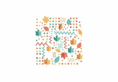 A colorful autumn pattern with flat design leaves, dots, and zigzag lines in a retro style. vector