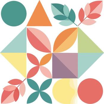 Abstract geometric pattern with colorful flat shapes, circles, triangles, and stylized botanical leaves. vector