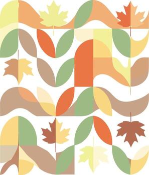 Abstract geometric seamless pattern with colorful autumn maple leaves and flowing organic shapes. vector