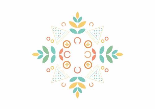 Symmetrical geometric mandala with autumn leaves, dotted triangles, and circles in a soft pastel palette. vector