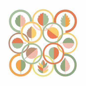 Geometric pattern of stylized two-toned autumn leaves inside overlapping pastel circles. vector