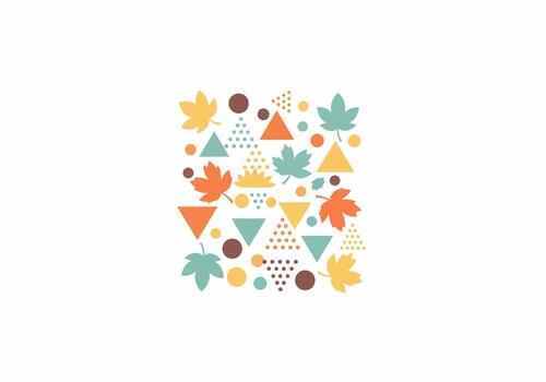 Abstract geometric autumn pattern with stylized maple leaves, triangles, and circles in earthy fall colors. vector