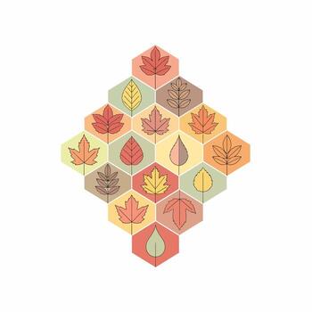 A geometric collection of stylized autumn leaves with black outlines in a colorful hexagonal grid pattern. vector