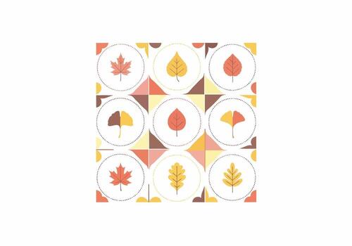 Geometric seamless pattern of stylized autumn leaves in circles with a warm color palette. vector