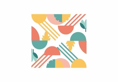 Colorful abstract geometric pattern with semi-circles, diagonal lines, and stylized botanical leaves. vector