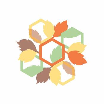 Vibrant abstract autumn foliage design with interlocking geometric hexagons and stylized leaves. vector