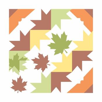 Geometric Autumn Quilt Block Pattern with Maple Leaf Silhouettes in Earth Tones vector