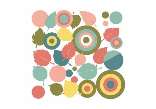 estilizado composición de vistoso otoño hojas y resumen geométrico círculos con un retro, apagado color paleta. vector