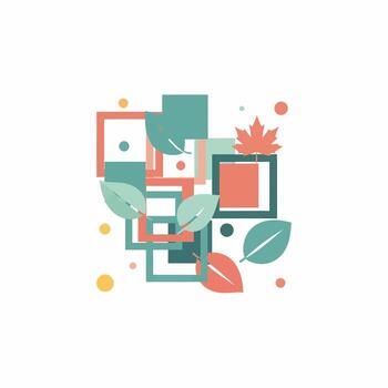 A modern abstract composition of overlapping geometric squares and stylized autumn leaves in a flat design style. vector