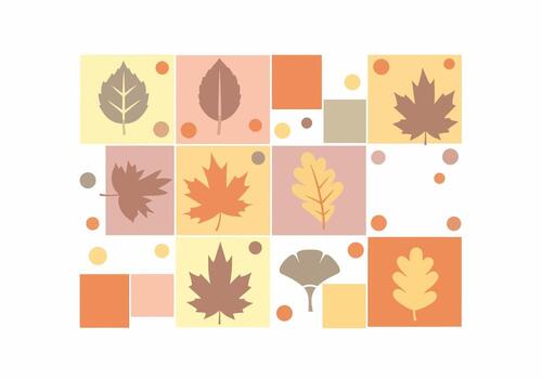 Modern geometric composition of stylized autumn leaves, featuring maple, oak, and ginkgo in a warm, earthy color palette. vector