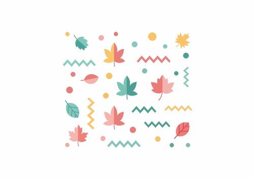 estilo plano otoño hojas diseño, presentando verde azulado, rosa, y amarillo arce y aovado hojas, dispersado con zigzag líneas y puntos vector